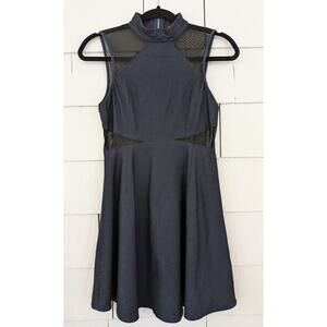 Oober Swank Women's Size Large High Mock Neck Chambray & Mesh Fit & Flare Dress